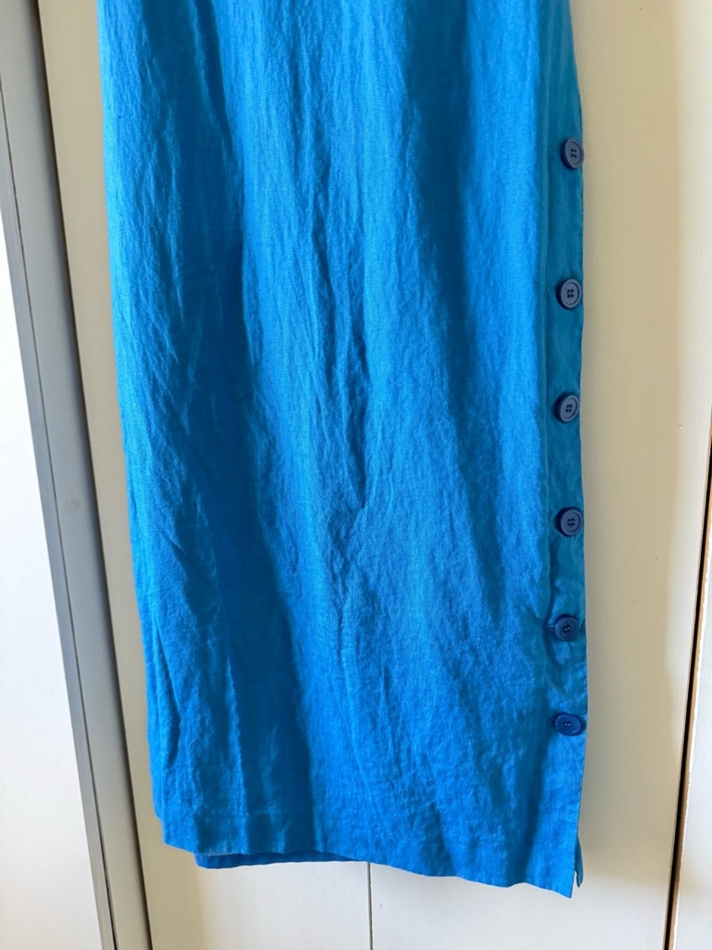 Vintage 90s Talbots Blue Short-Sleeve Midi Dress Side Button Slit Irish Linen - Picture 8 of 11